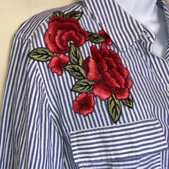 Rails Medium Frances Button Up Banker Stripe Floral Patches Blouse Embroidered - Picture 6 of 16